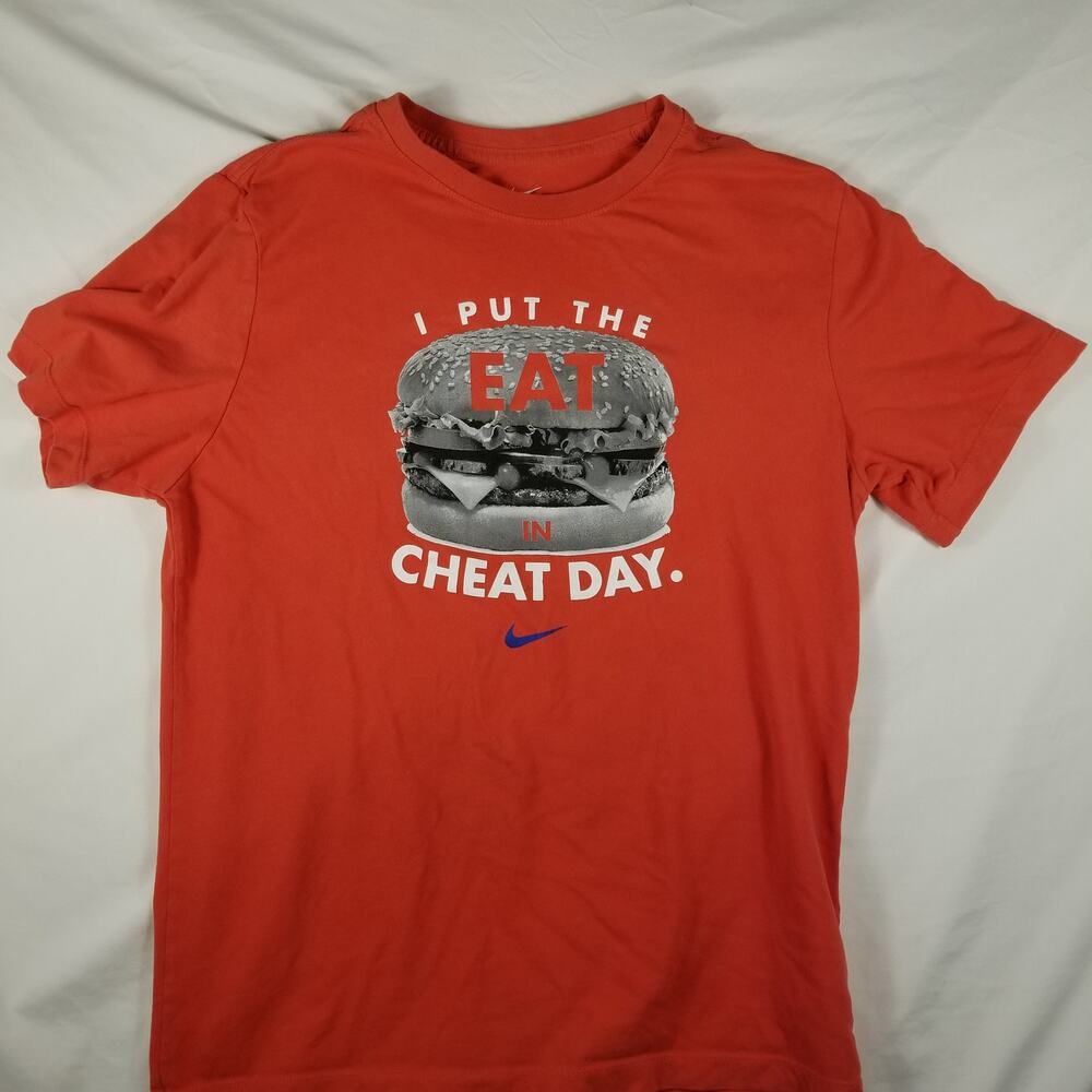 Nike Mens Medium Red T-Shirt "I Put The EAT In Cheat Day" Cheeseburger Graphic